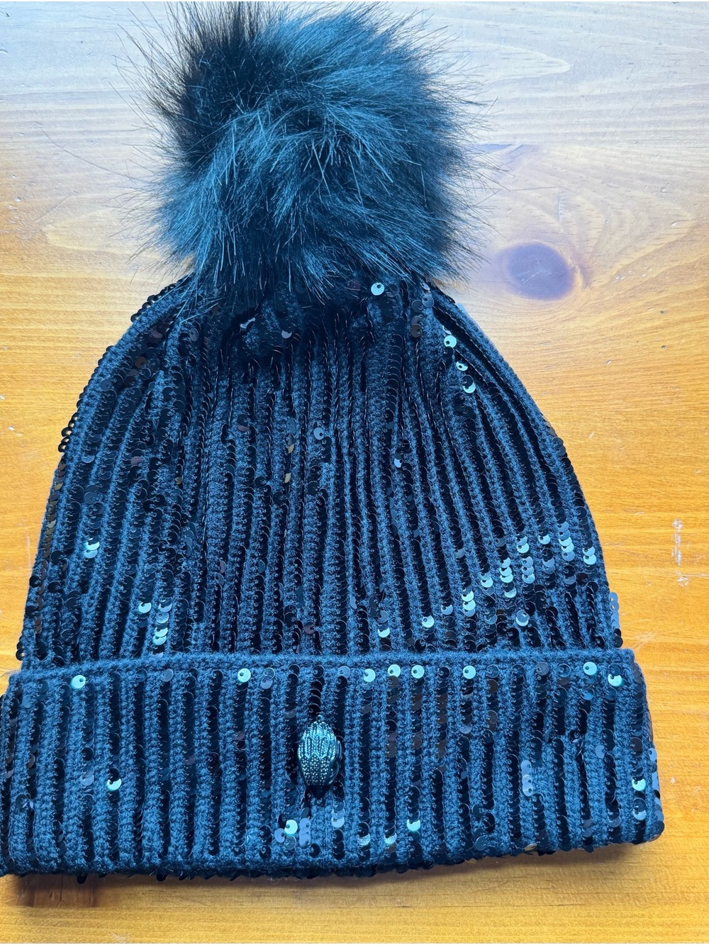 Kurt Geiger Black Sequined Pom-Pom Beanie